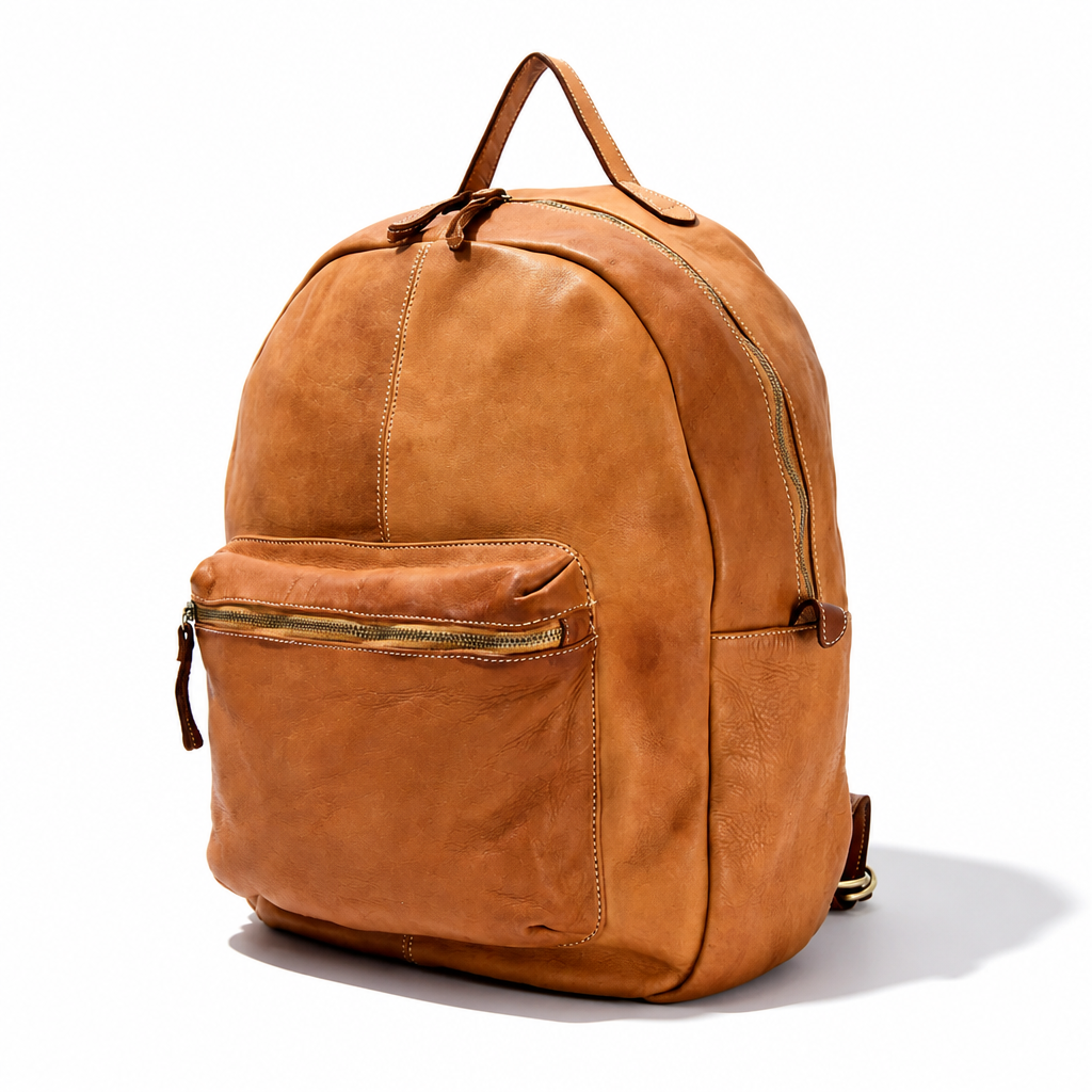 Q-ALPHA Large Vintage Calfskin Backpack – Italian Leather, Brass Hardware & Ergonomic Design