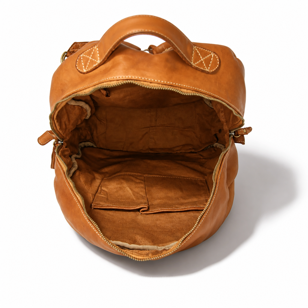 Q-ALPHA Large Vintage Calfskin Backpack – Italian Leather, Brass Hardware & Ergonomic Design