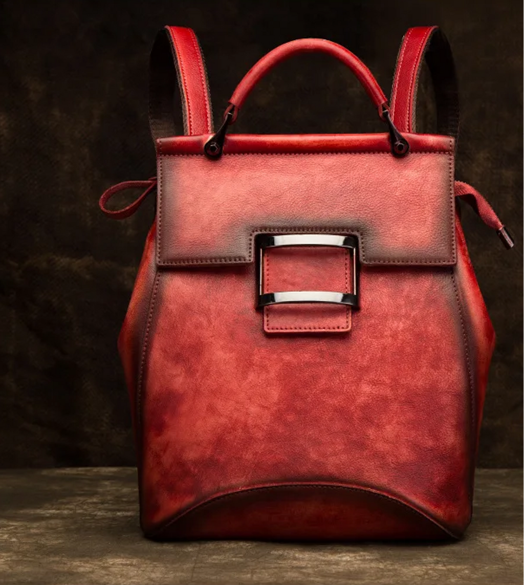 Q-ARIEL Retro Genuine Cowhide Leather Backpack for Women – Large Capacity Handmade
