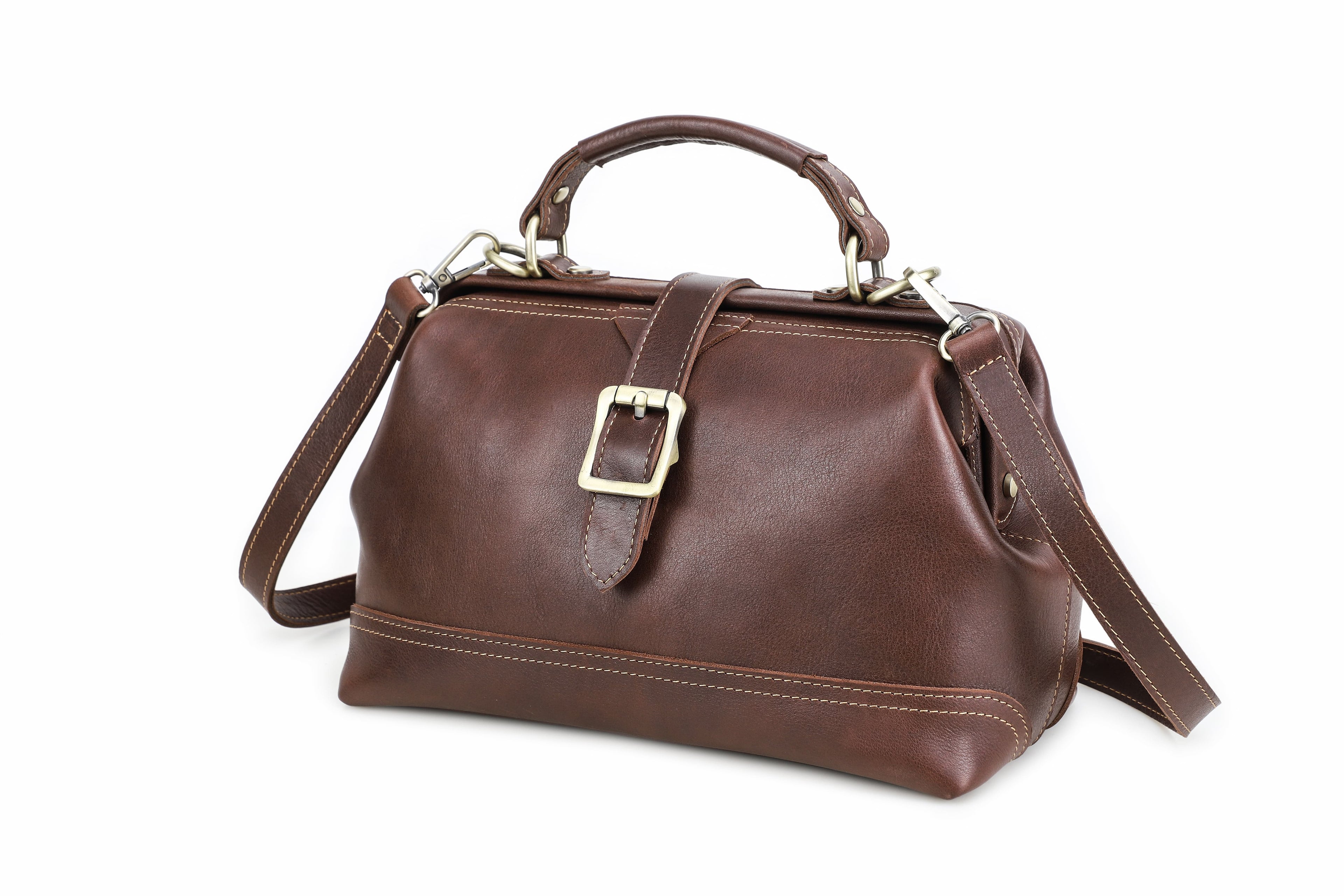 Q-AVELINE Vintage Red-Brown Full Grain Leather Messenger Bag for Women – Kiss-Lock Frame, 3-Way Carry