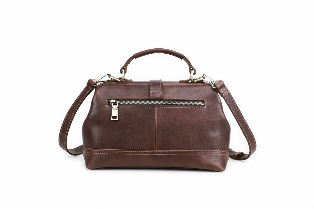 Q-AVELINE Vintage Red-Brown Full Grain Leather Messenger Bag for Women – Kiss-Lock Frame, 3-Way Carry