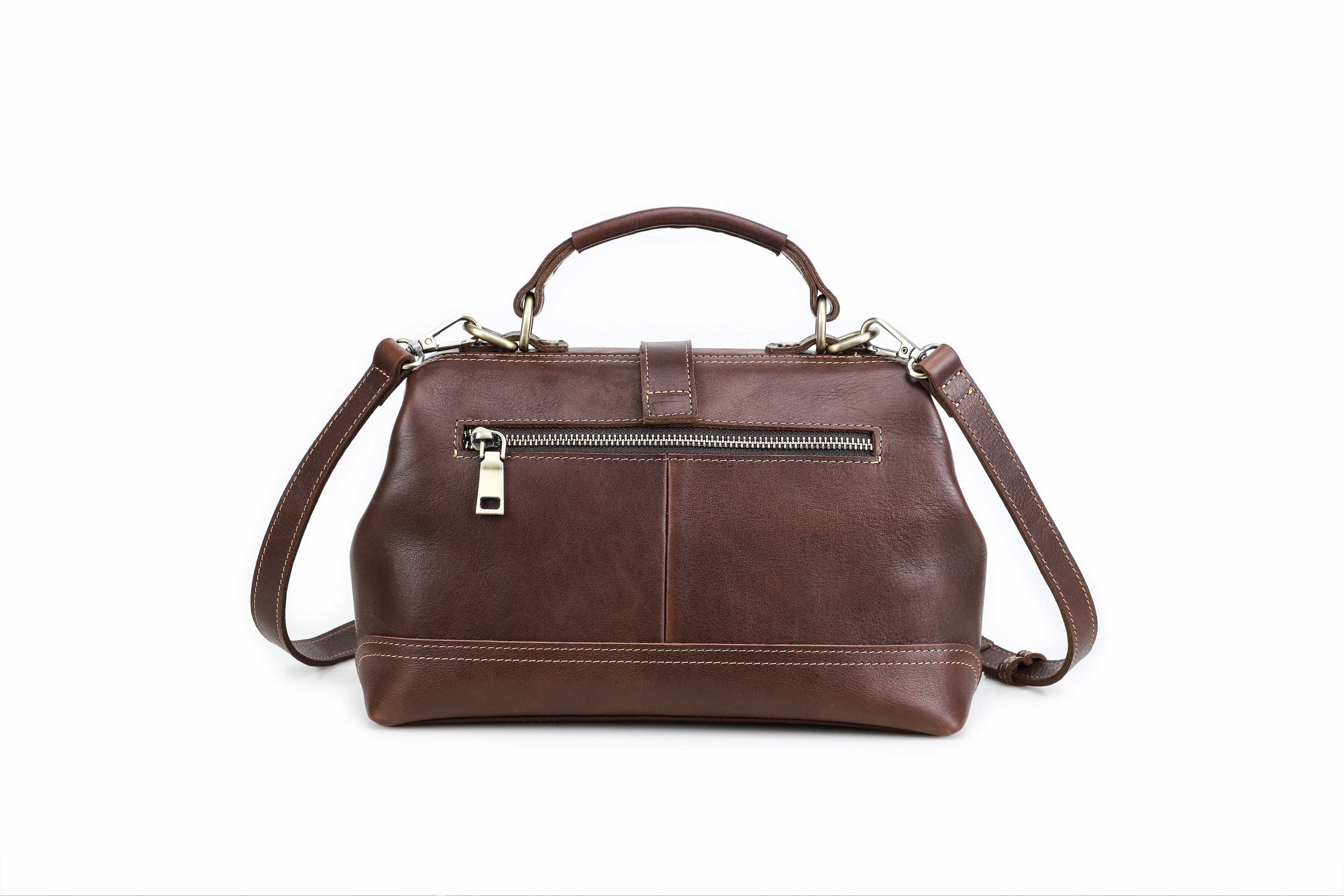 Q-AVELINE Vintage Red-Brown Full Grain Leather Messenger Bag for Women – Kiss-Lock Frame, 3-Way Carry