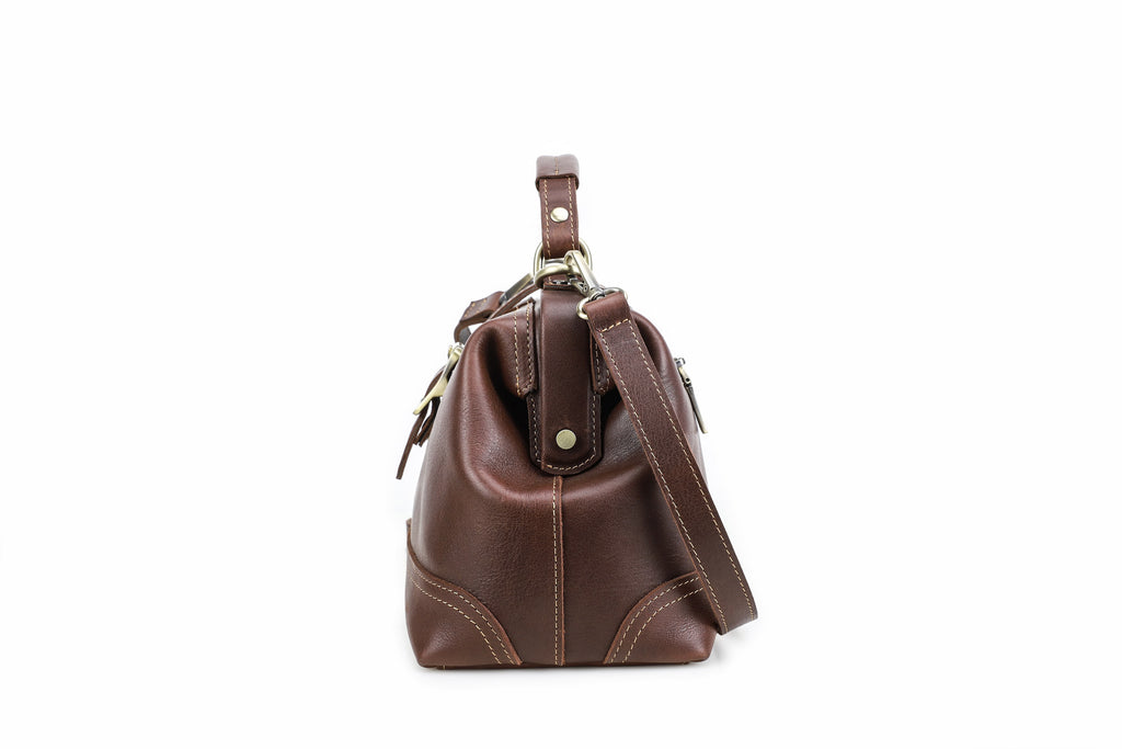 Q-AVELINE Vintage Red-Brown Full Grain Leather Messenger Bag for Women – Kiss-Lock Frame, 3-Way Carry