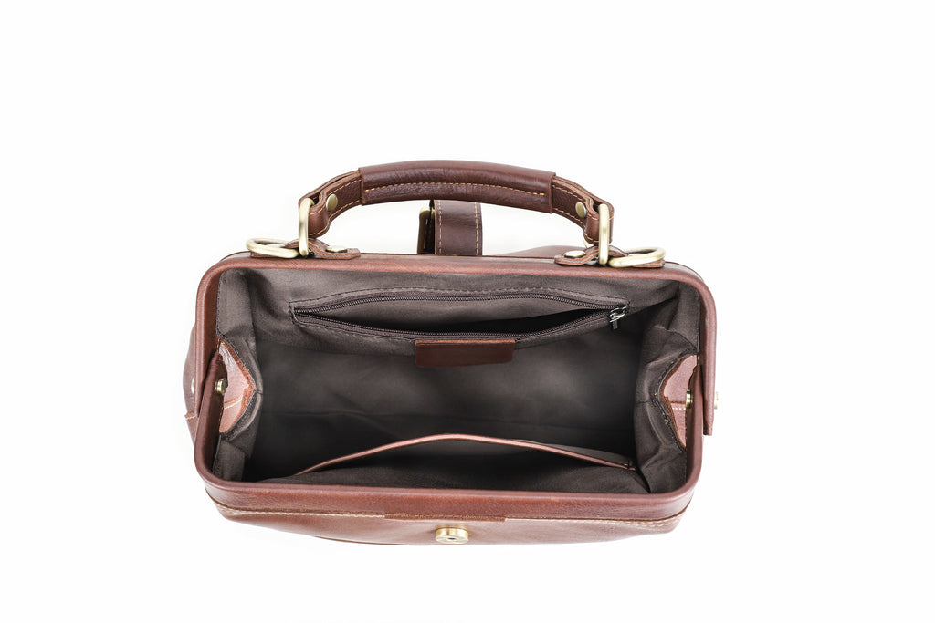 Q-AVELINE Vintage Red-Brown Full Grain Leather Messenger Bag for Women – Kiss-Lock Frame, 3-Way Carry