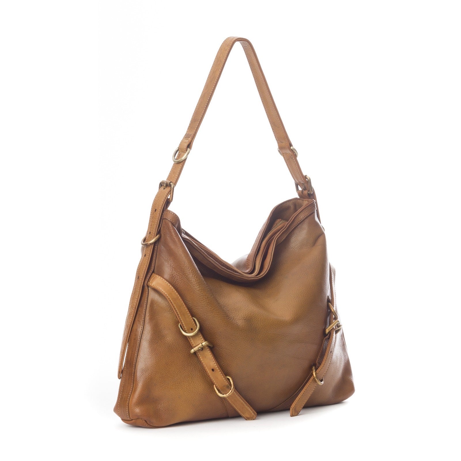 Q-BELLA Vintage Calfskin Shoulder Bag – Italian Leather, Belt Accent & Adjustable Strap