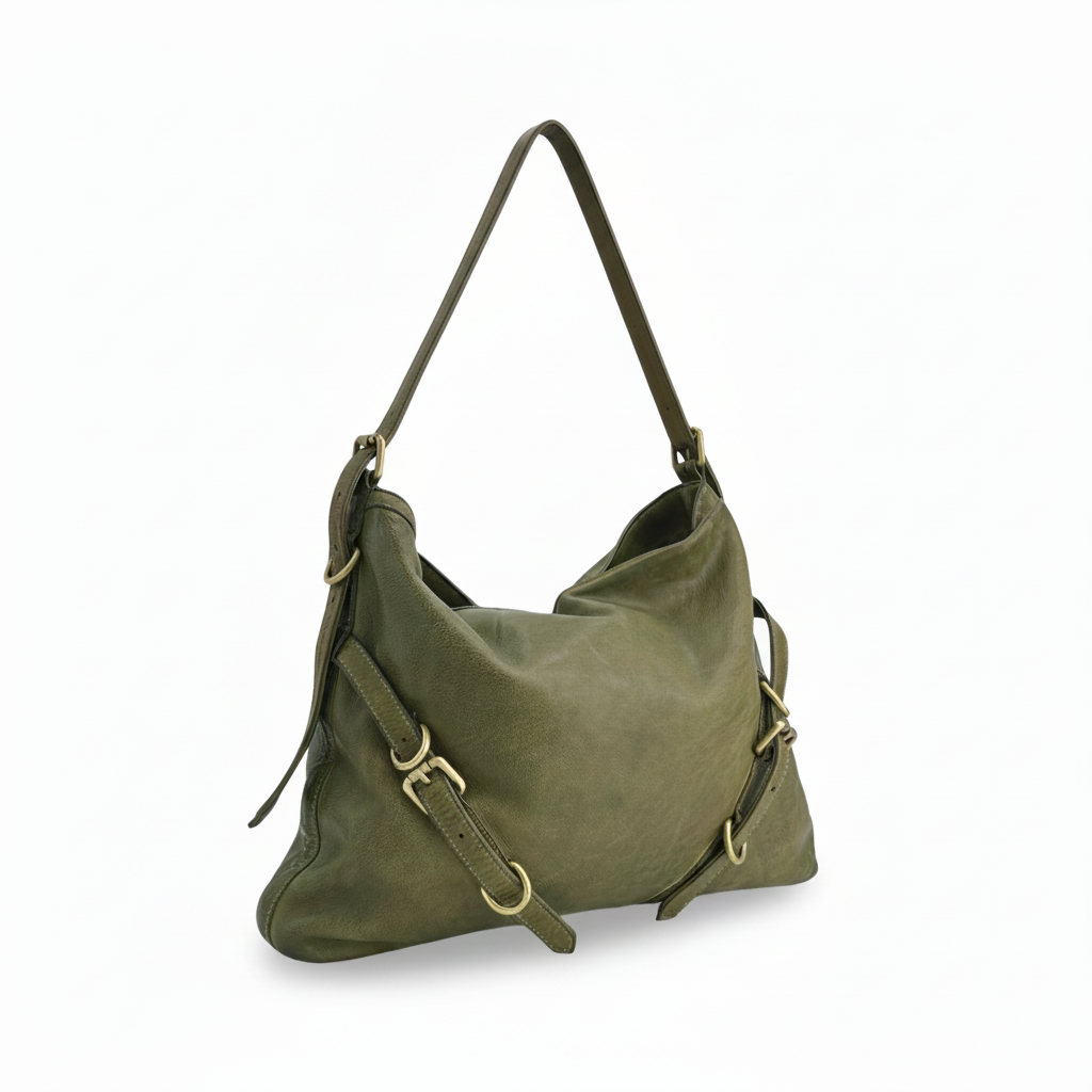 Q-BELLA Vintage Calfskin Shoulder Bag – Italian Leather, Belt Accent & Adjustable Strap