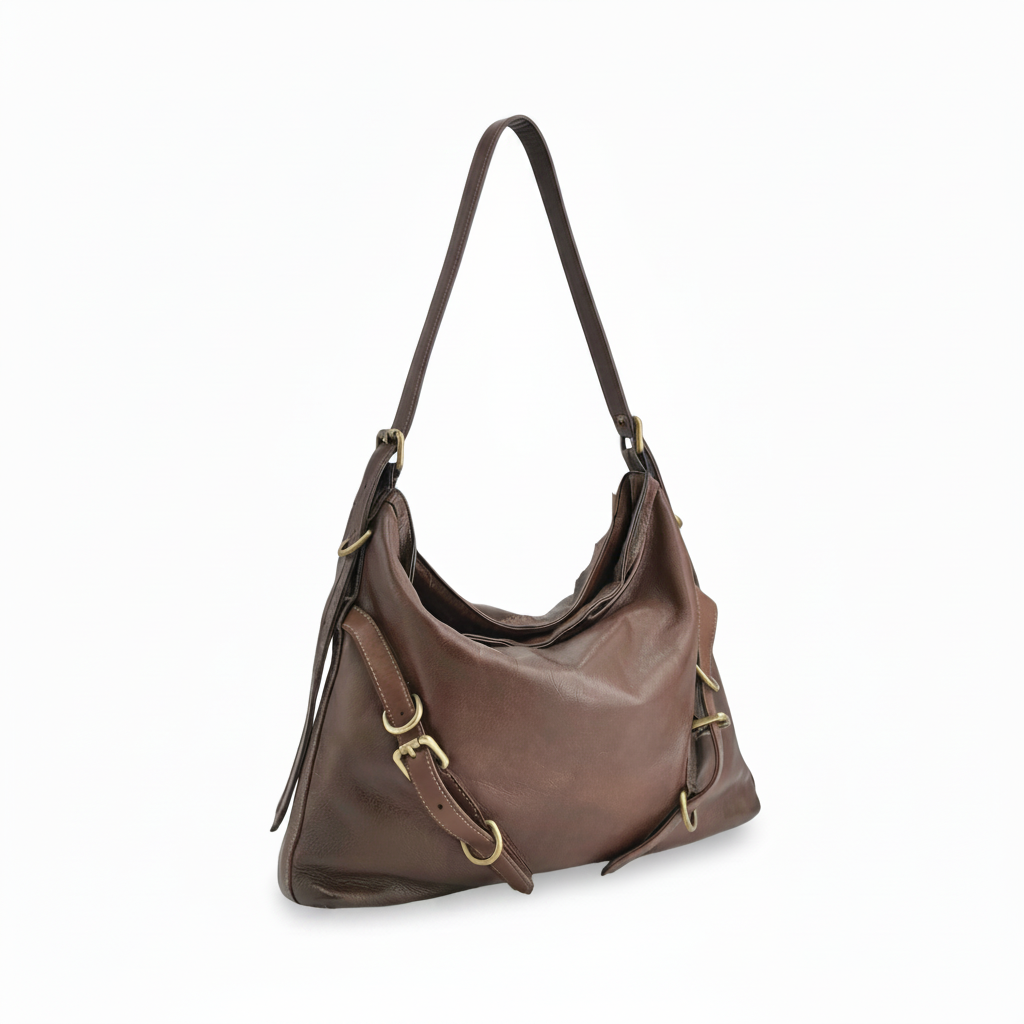 Q-BELLA Vintage Calfskin Shoulder Bag – Italian Leather, Belt Accent & Adjustable Strap