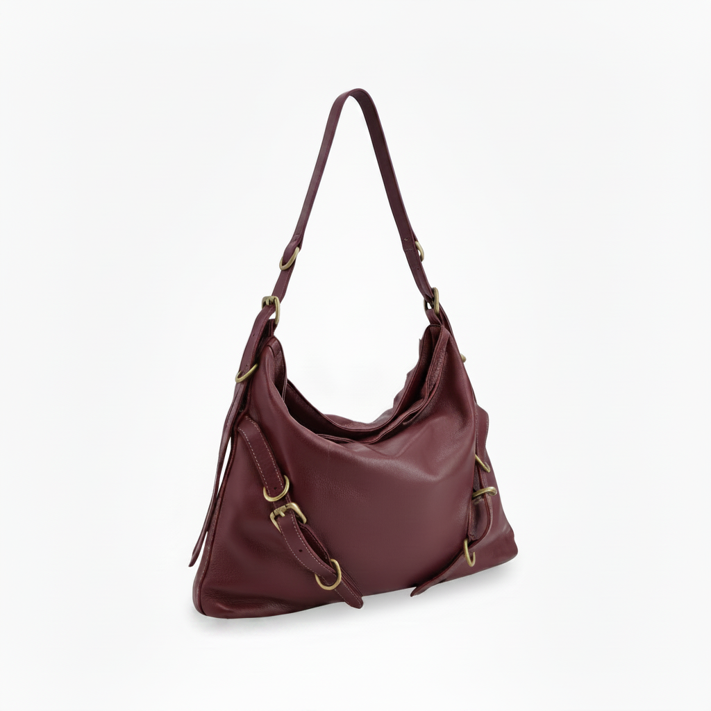 Q-BELLA Vintage Calfskin Shoulder Bag – Italian Leather, Belt Accent & Adjustable Strap