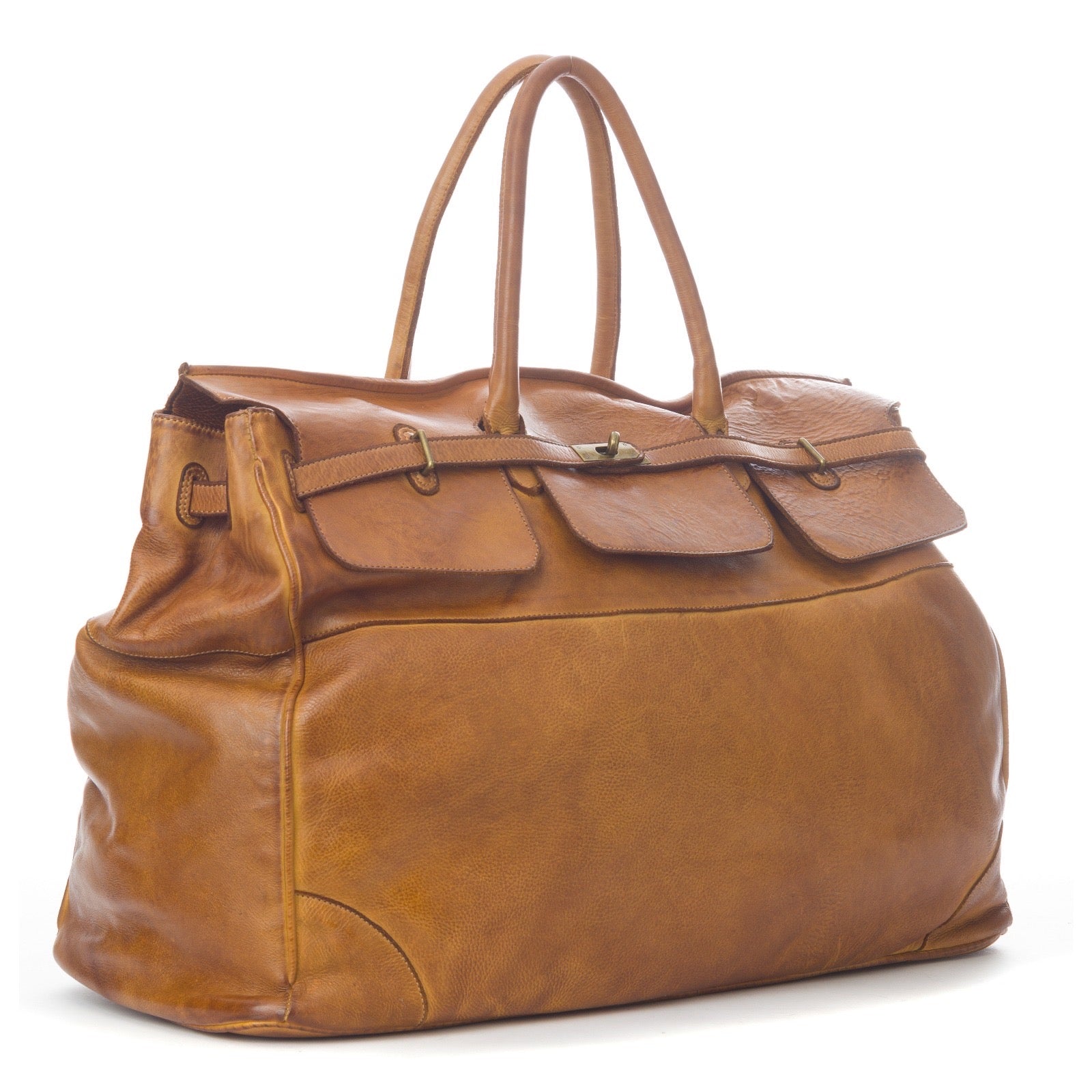 Q-BELORA Unisex Italian Leather Travel Duffel Bag – Full-Grain Calfskin & Brass Buckle