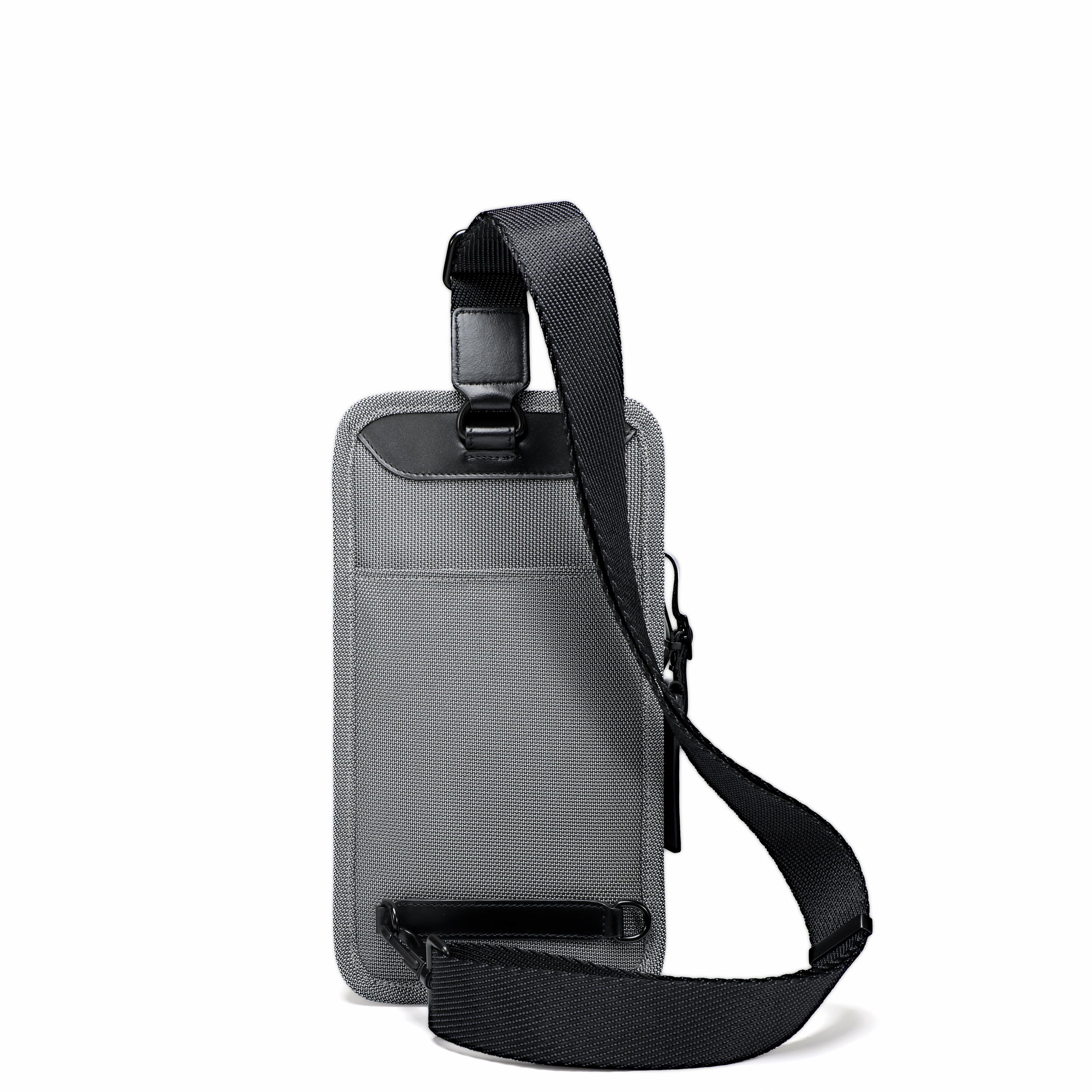 A gray textured vertical phone pouch with a black adjustable shoulder strap, shown on a plain white background.