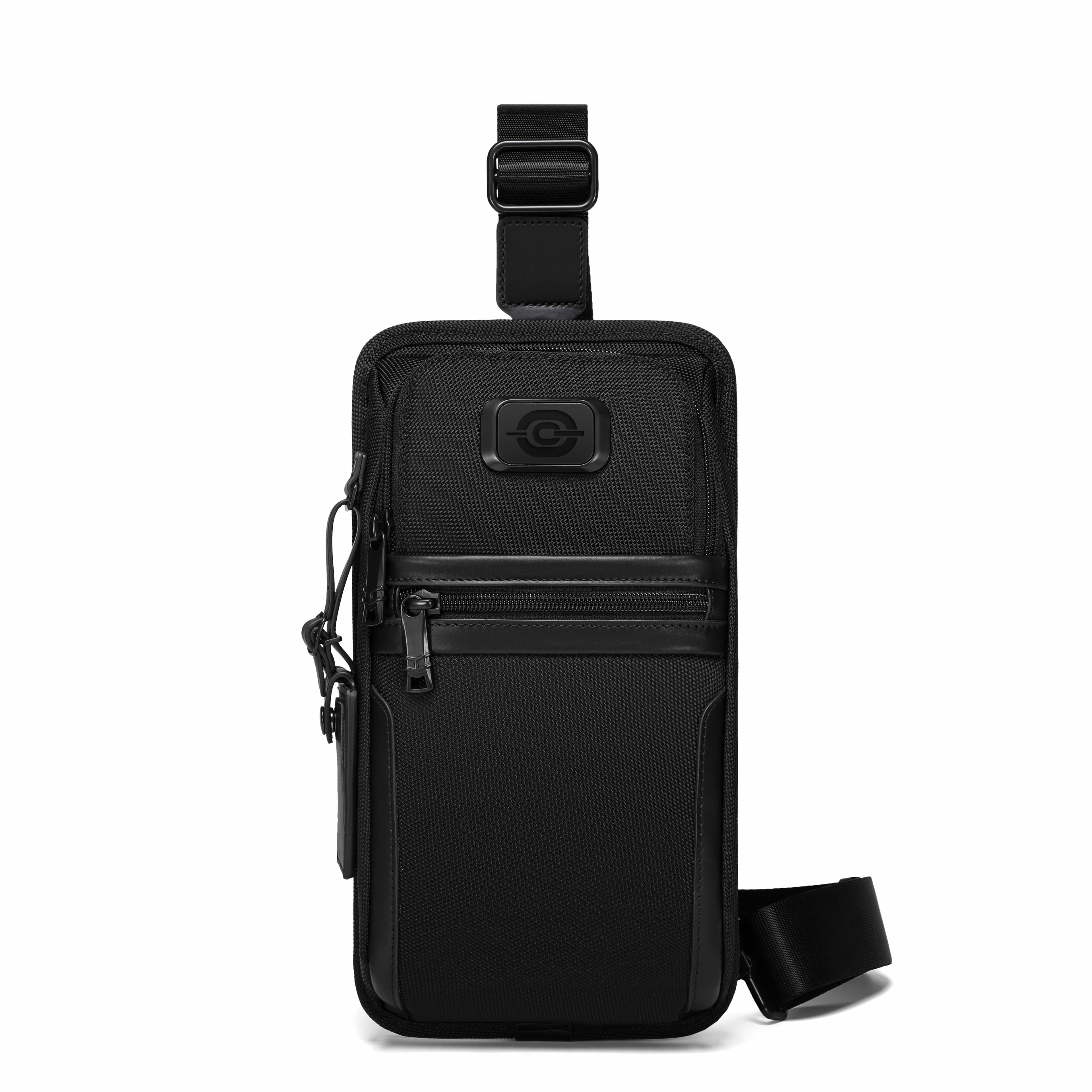 A black nylon crossbody phone bag with a front zippered pocket and an adjustable shoulder strap, shown on a solid white background.