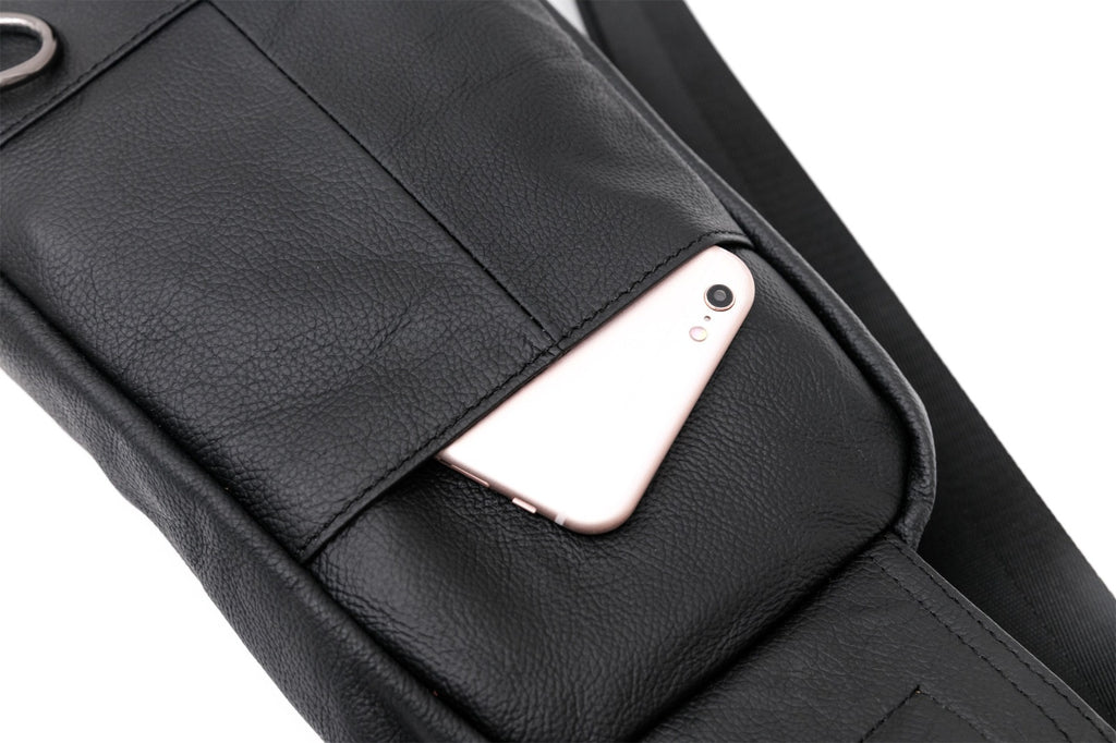 Q-BRIGHT Genuine Leather Crossbody Sling Bag – Mini Shoulder Bag with Earphone Hole for Travel, Hiking & Daily Carry