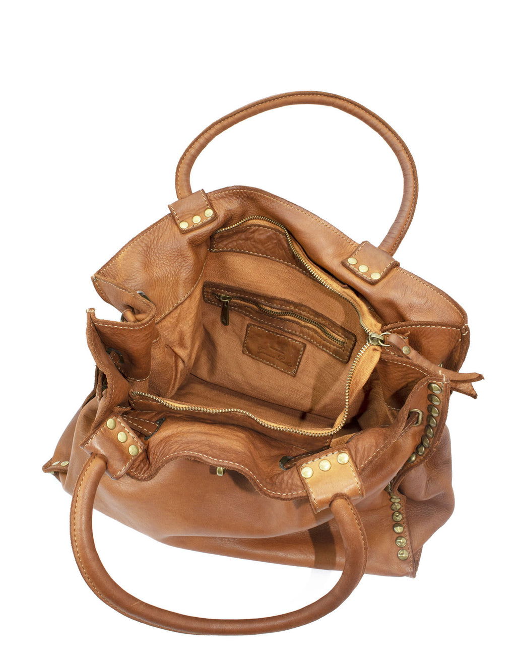 Q-CACHE Smooth Italian Calfskin Leather Bag – Stud Detail & Antique Brass Hardware