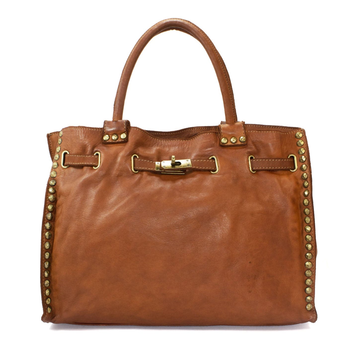 Q-CACHE Smooth Italian Calfskin Leather Bag – Stud Detail & Antique Brass Hardware