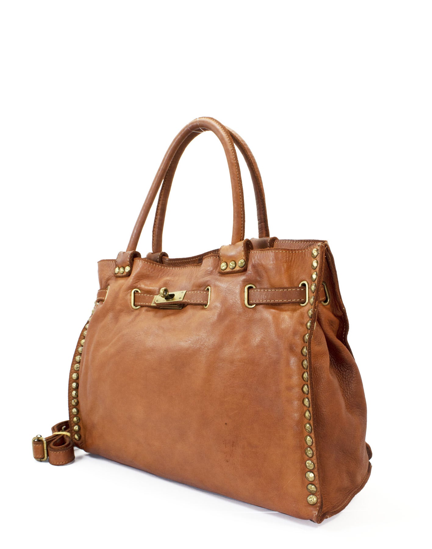Q-CACHE Smooth Italian Calfskin Leather Bag – Stud Detail & Antique Brass Hardware