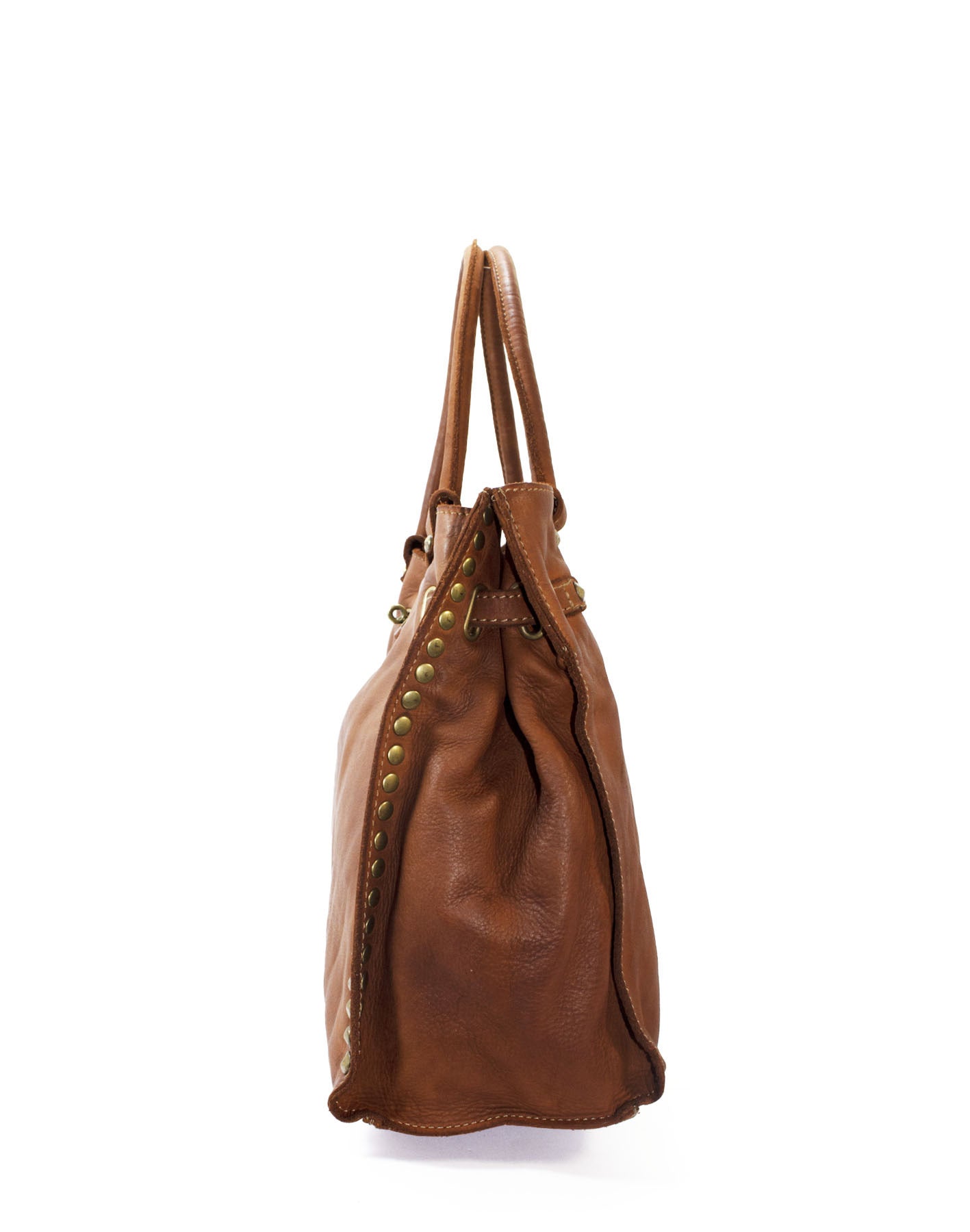 Q-CACHE Smooth Italian Calfskin Leather Bag – Stud Detail & Antique Brass Hardware
