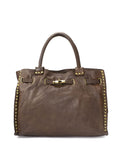Q-CACHE Smooth Italian Calfskin Leather Bag – Stud Detail & Antique Brass Hardware