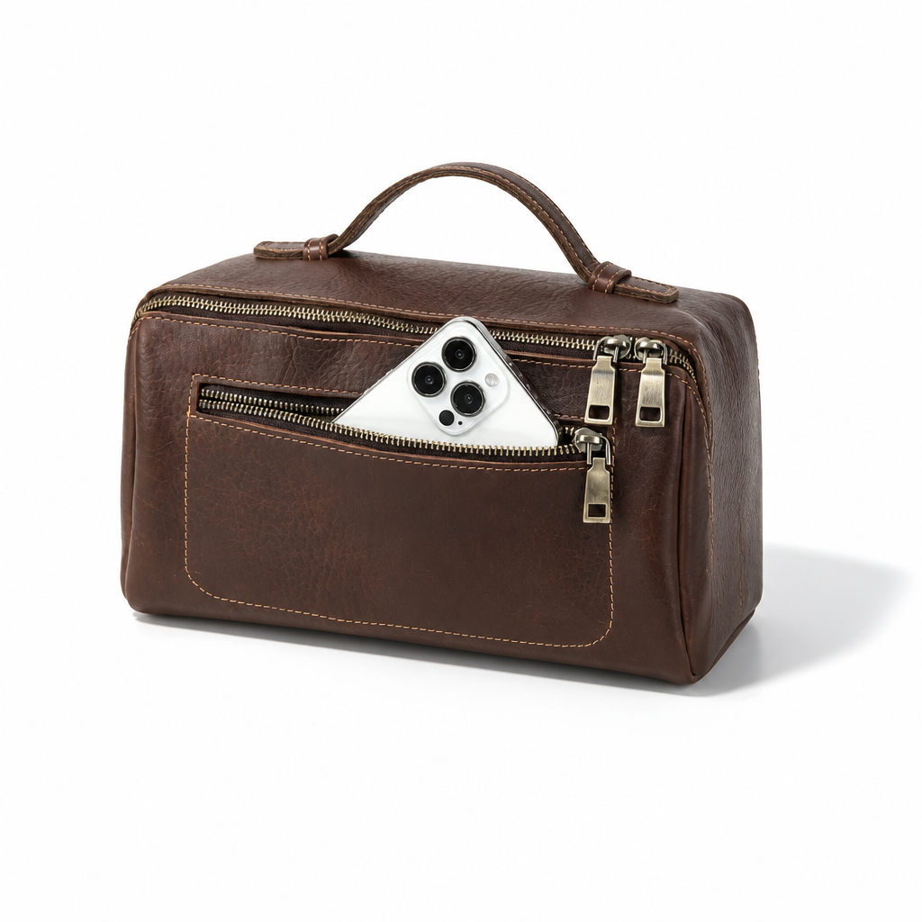 Q-CORE Luxury Full Grain Leather Toiletry Bag – Multi-Compartment Travel Cosmetic Organizer