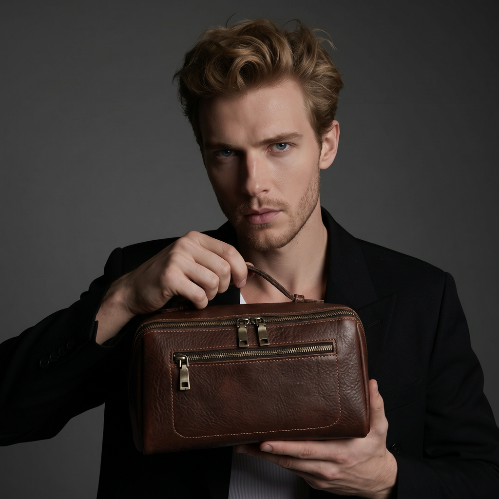A man in a black suit holding a brown textured leather travel toiletry case with gold-tone zippers and a top handle against a dark gray studio background.