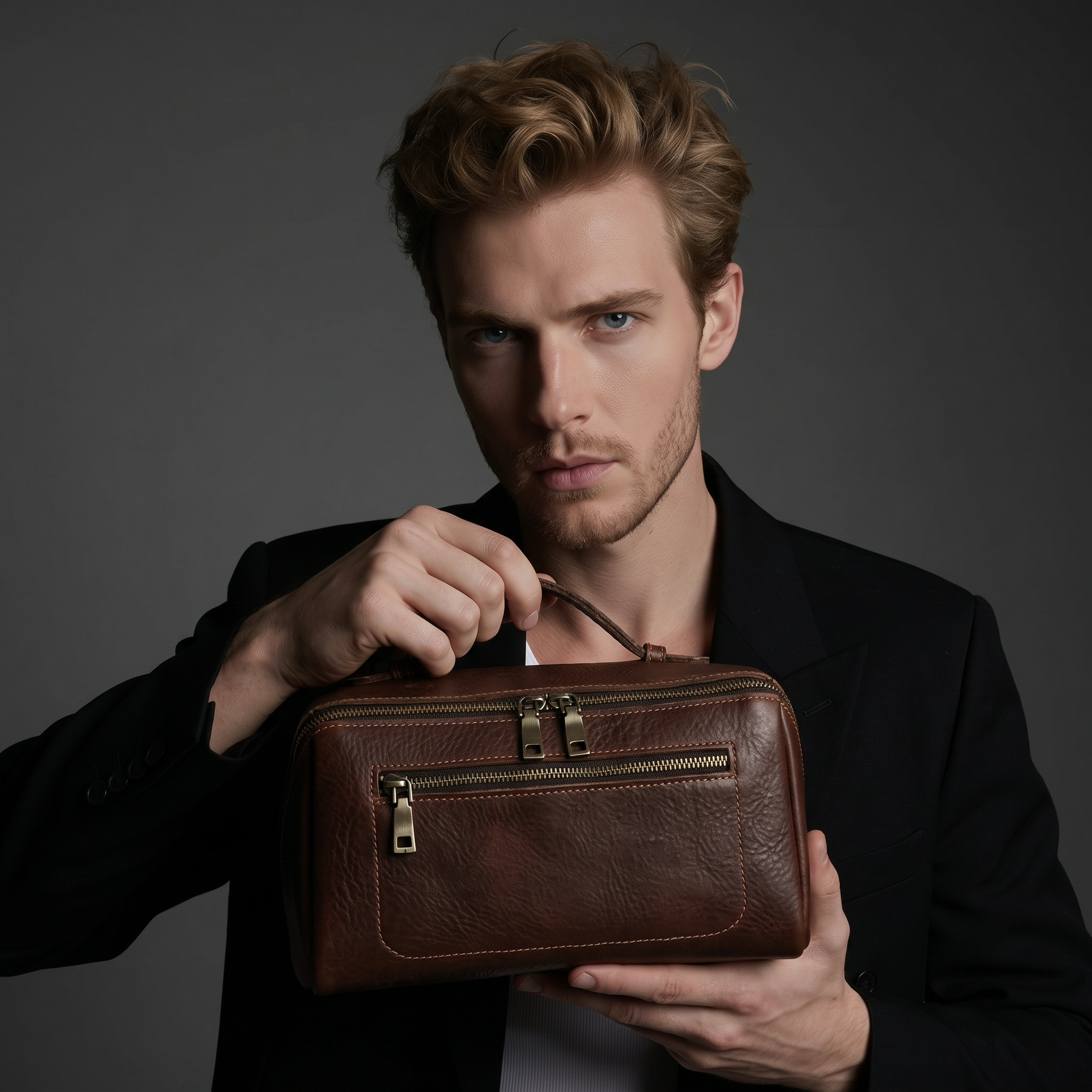 A man in a black suit holding a brown textured leather travel toiletry case with gold-tone zippers and a top handle against a dark gray studio background.