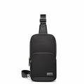 A black nylon sling backpack with a front zippered pocket and an adjustable shoulder strap, shown on a plain white background.