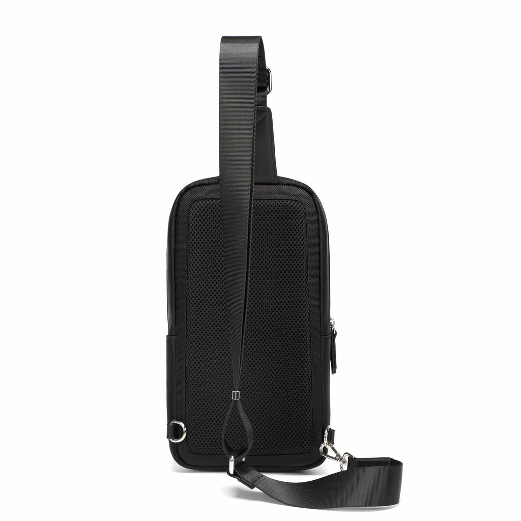 A black mesh crossbody phone bag with a matching adjustable shoulder strap, shown from a three-quarter angle on a solid white background.