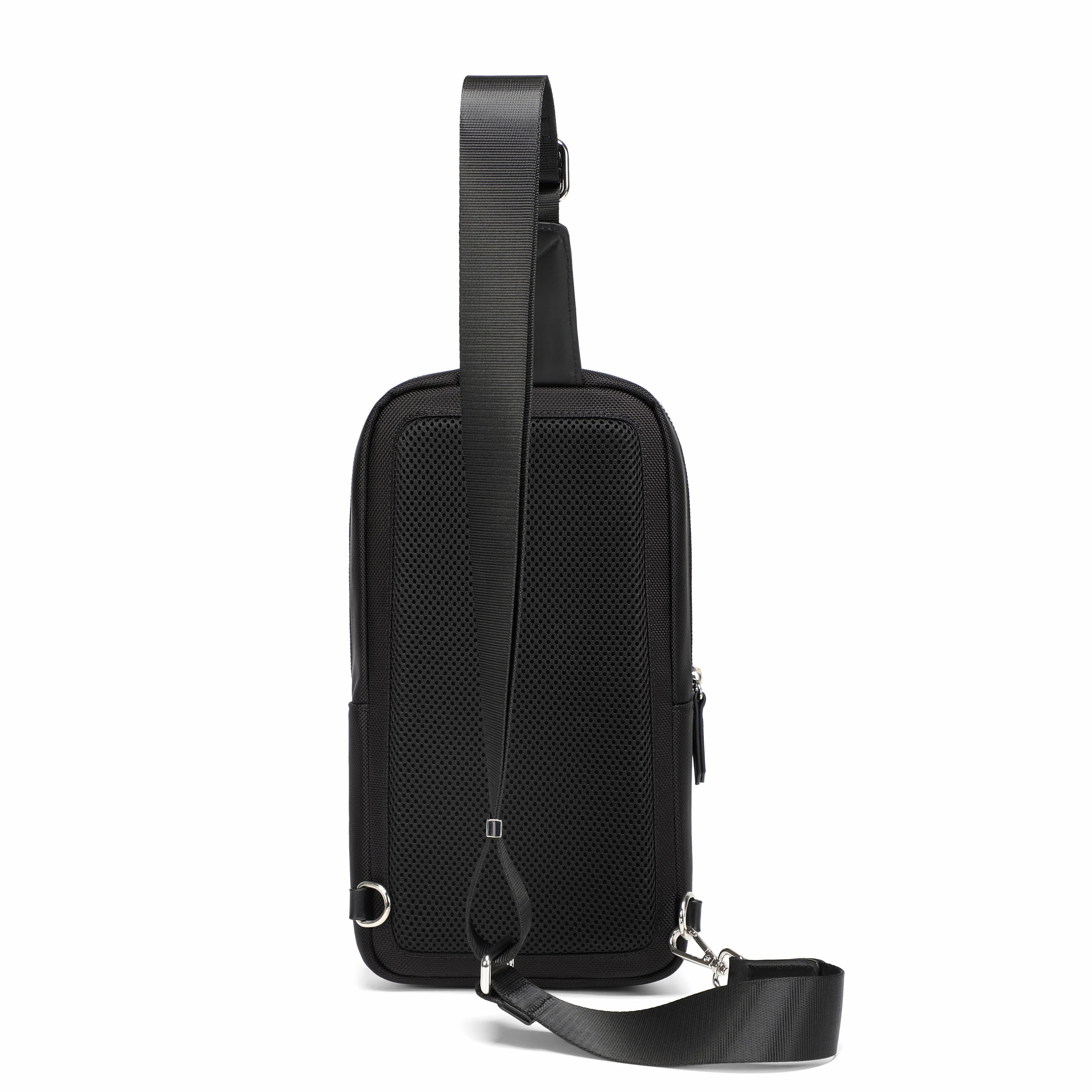 A black mesh crossbody phone bag with a matching adjustable shoulder strap, shown from a three-quarter angle on a solid white background.