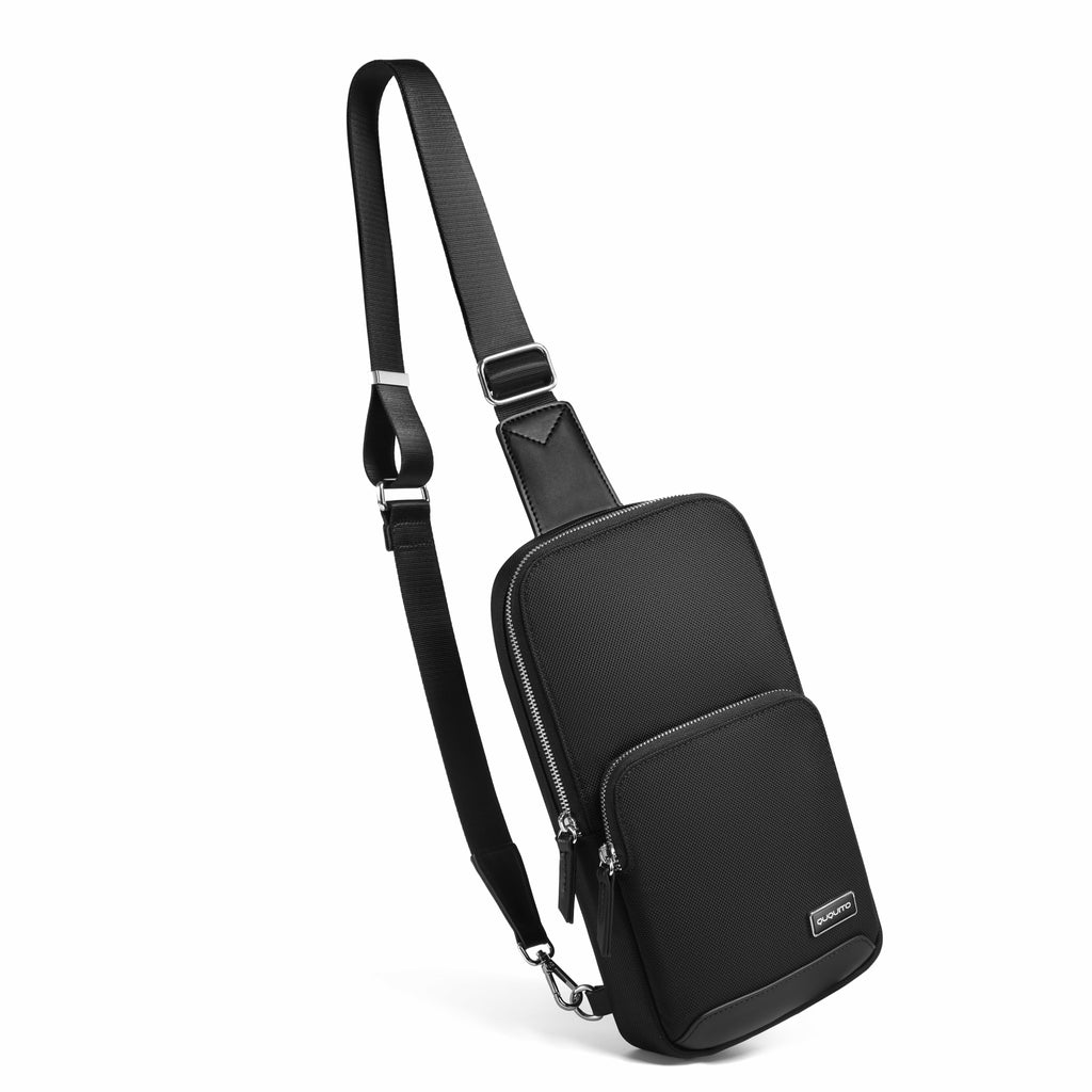 A black nylon sling bag with an adjustable shoulder strap, shown at an angle on a clean white background.