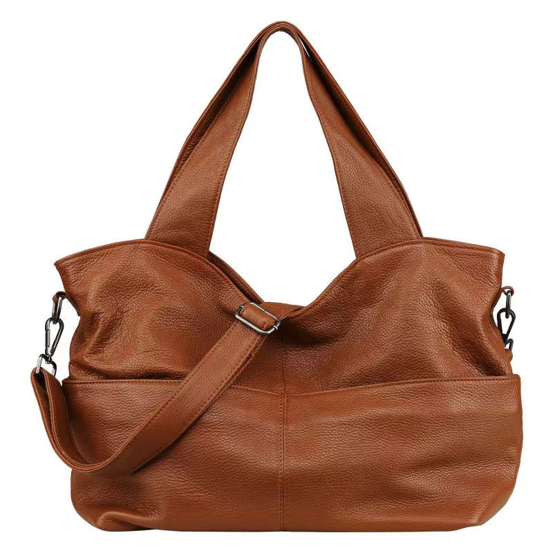 Q-CARAMIA Full-Grain Leather Shoulder Bag for Women – 4 Zip Pockets, Crossbody & Top Handle