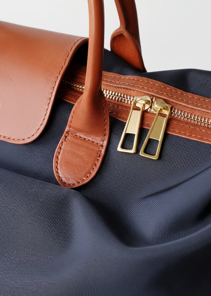 Q-CARA Large Nylon & Leather Travel Tote Bag for Women – Laptop Compartment, Waterproof