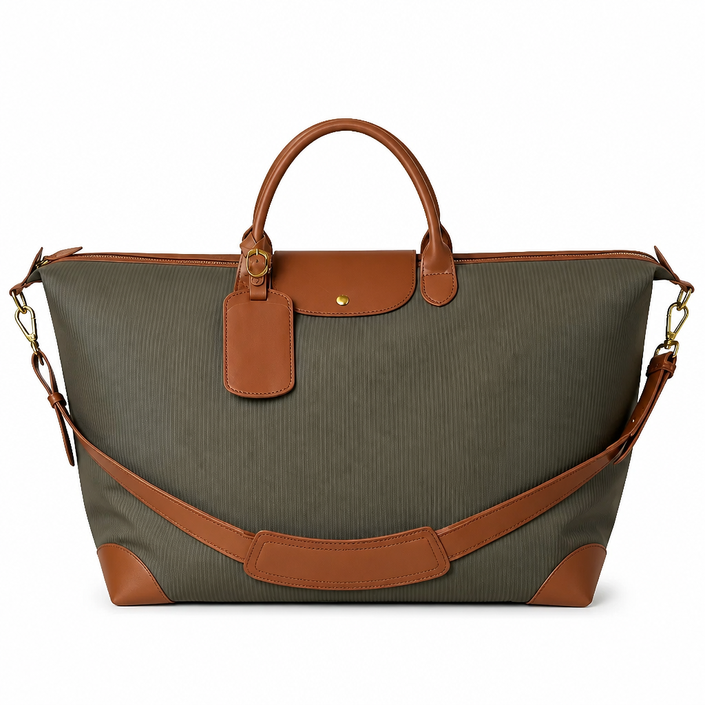 Q-CARA Large Nylon & Leather Travel Tote Bag for Women – Laptop Compartment, Waterproof