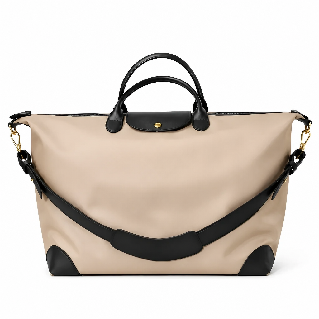 Q-CARA Large Nylon & Leather Travel Tote Bag for Women – Laptop Compartment, Waterproof