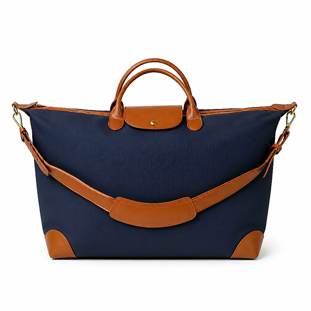 Q-CARA Large Nylon & Leather Travel Tote Bag for Women – Laptop Compartment, Waterproof