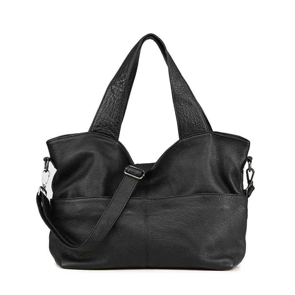 Q-CARAMIA Full-Grain Leather Shoulder Bag for Women – 4 Zip Pockets, Crossbody & Top Handle