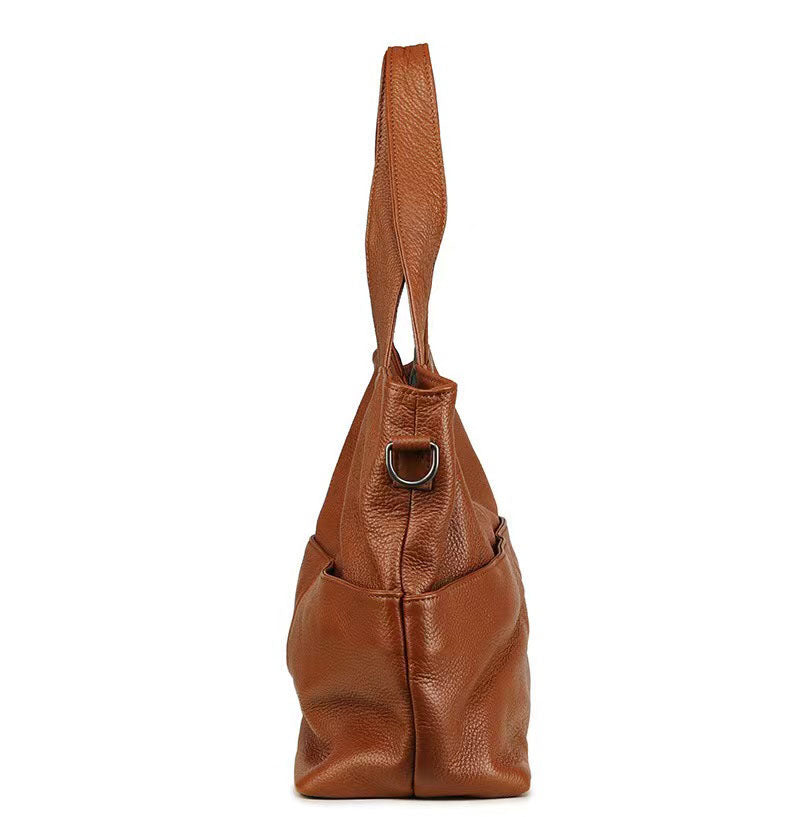 Q-CARAMIA Full-Grain Leather Shoulder Bag for Women – 4 Zip Pockets, Crossbody & Top Handle