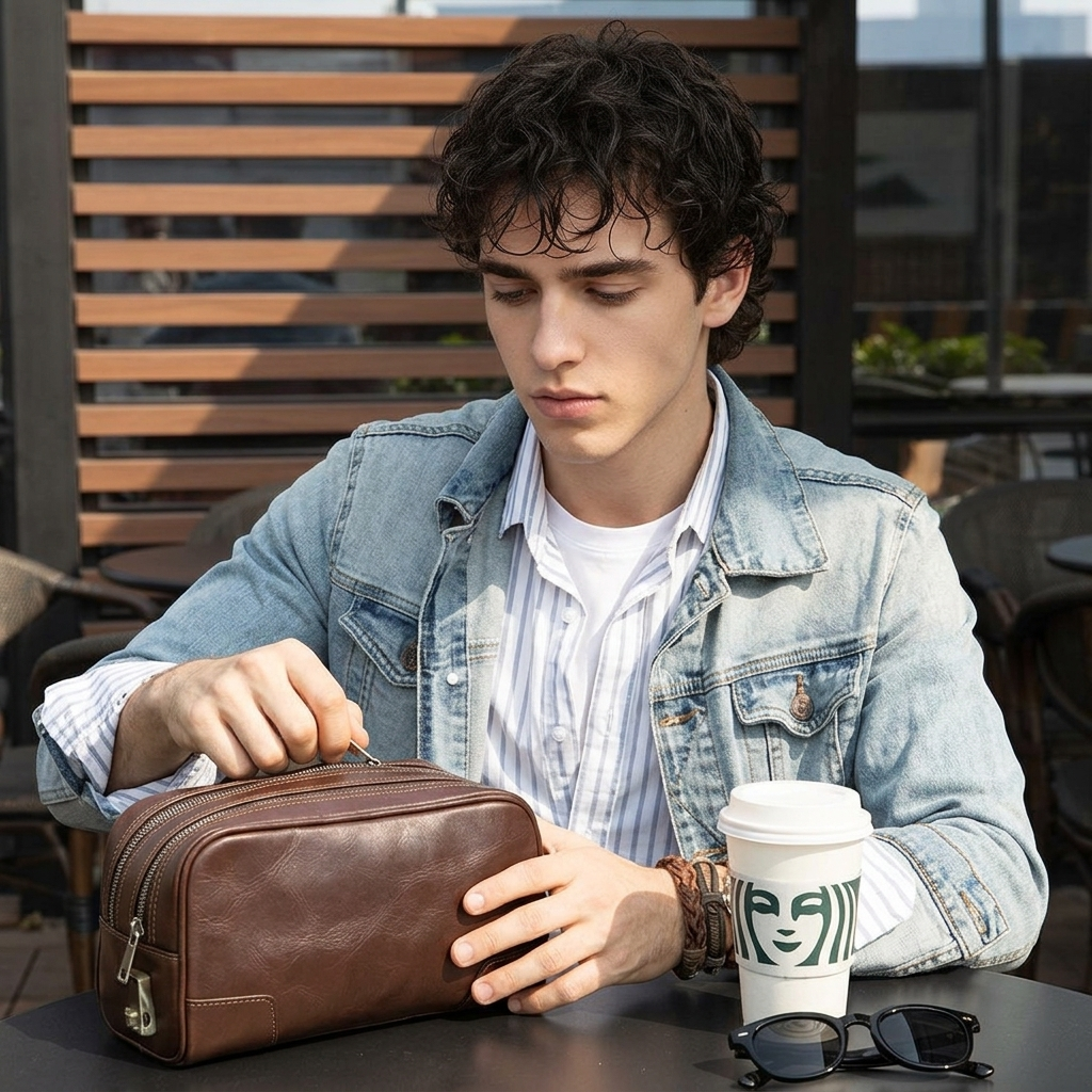 Q-CLUTCHER Anti-Theft Men's Clutch Handbag with Combination Lock – Genuine Vegetable Tanned Leather