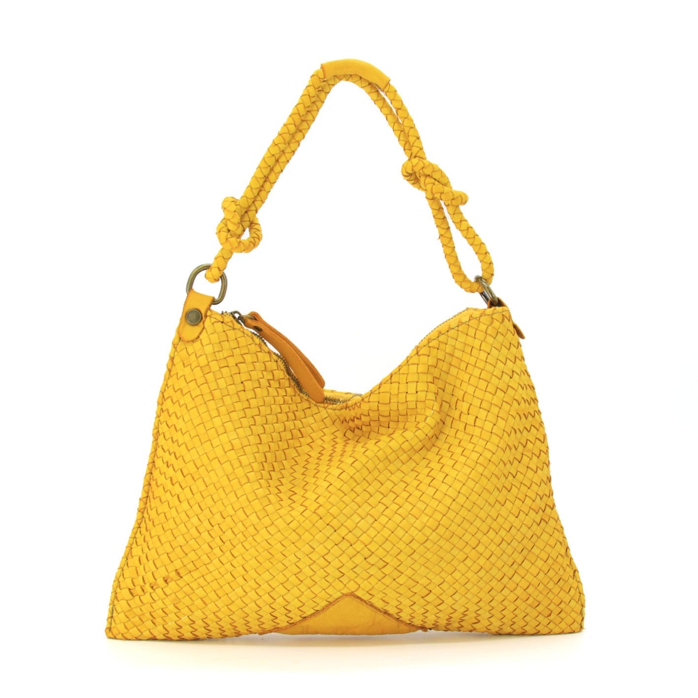 A bright yellow woven leather shoulder bag with a knotted rope handle and gold-tone hardware, shown against a plain white background.