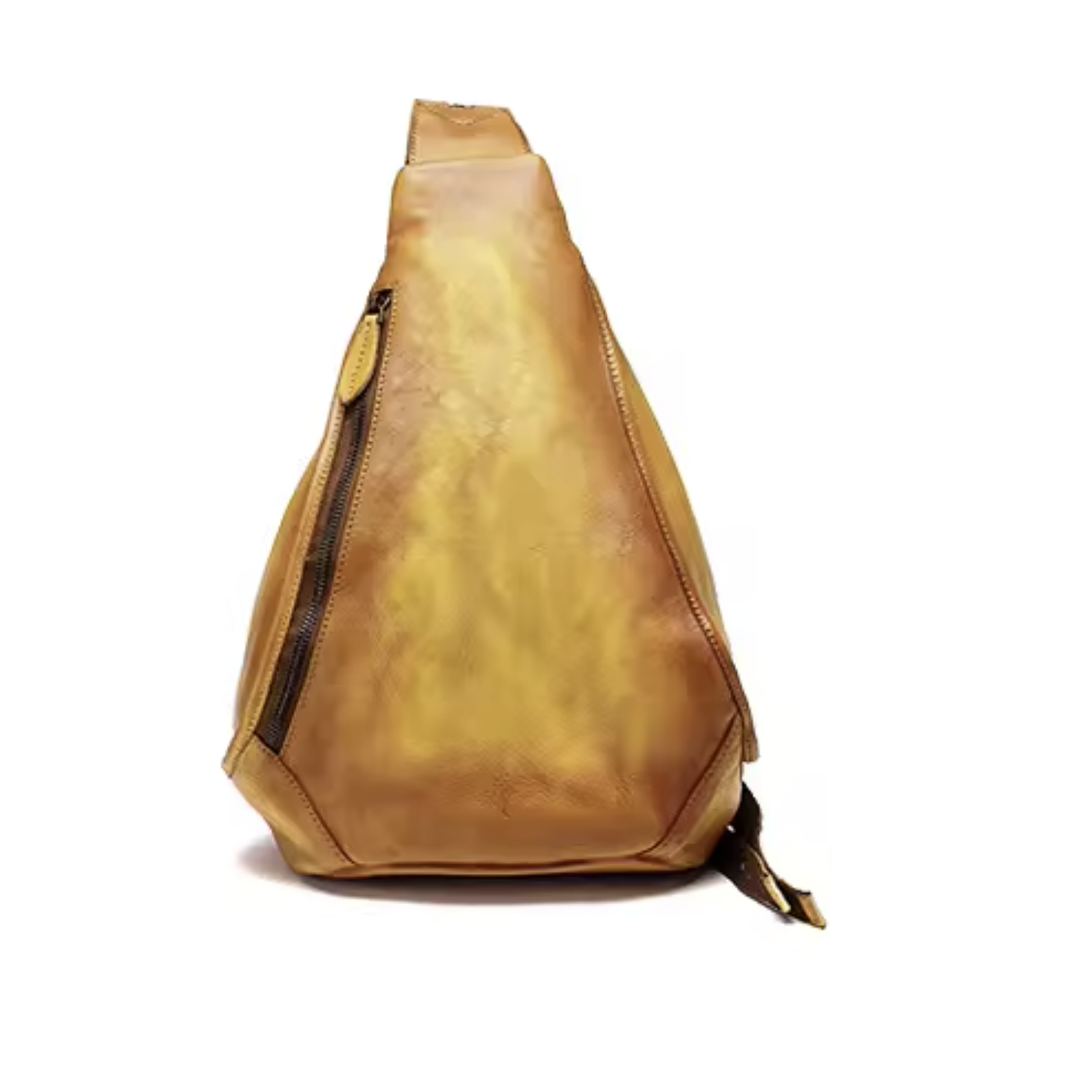 A tan leather sling backpack shown with dimension lines indicating measurements of 38cm height, 28cm width, and 12cm depth on a white background.