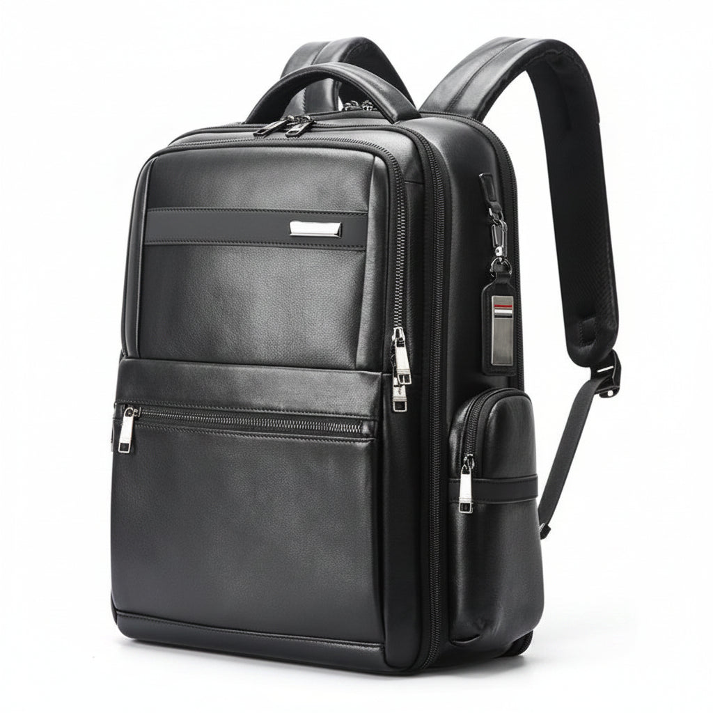 Q-DOMINIUM Genuine Leather Backpack – USB Charging, TSA Lay-Flat & Thickened Ergonomic Straps