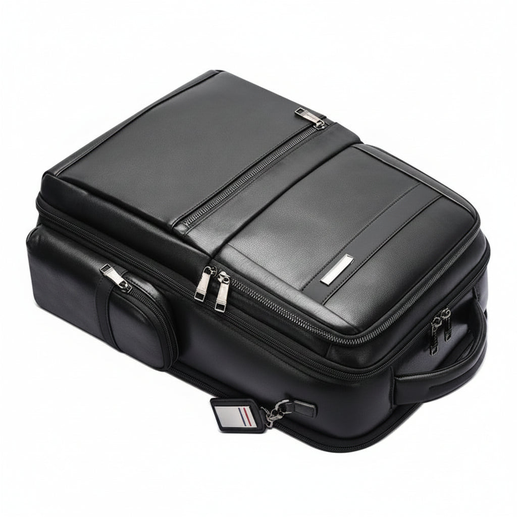 Q-DOMINIUM Genuine Leather Backpack – USB Charging, TSA Lay-Flat & Thickened Ergonomic Straps