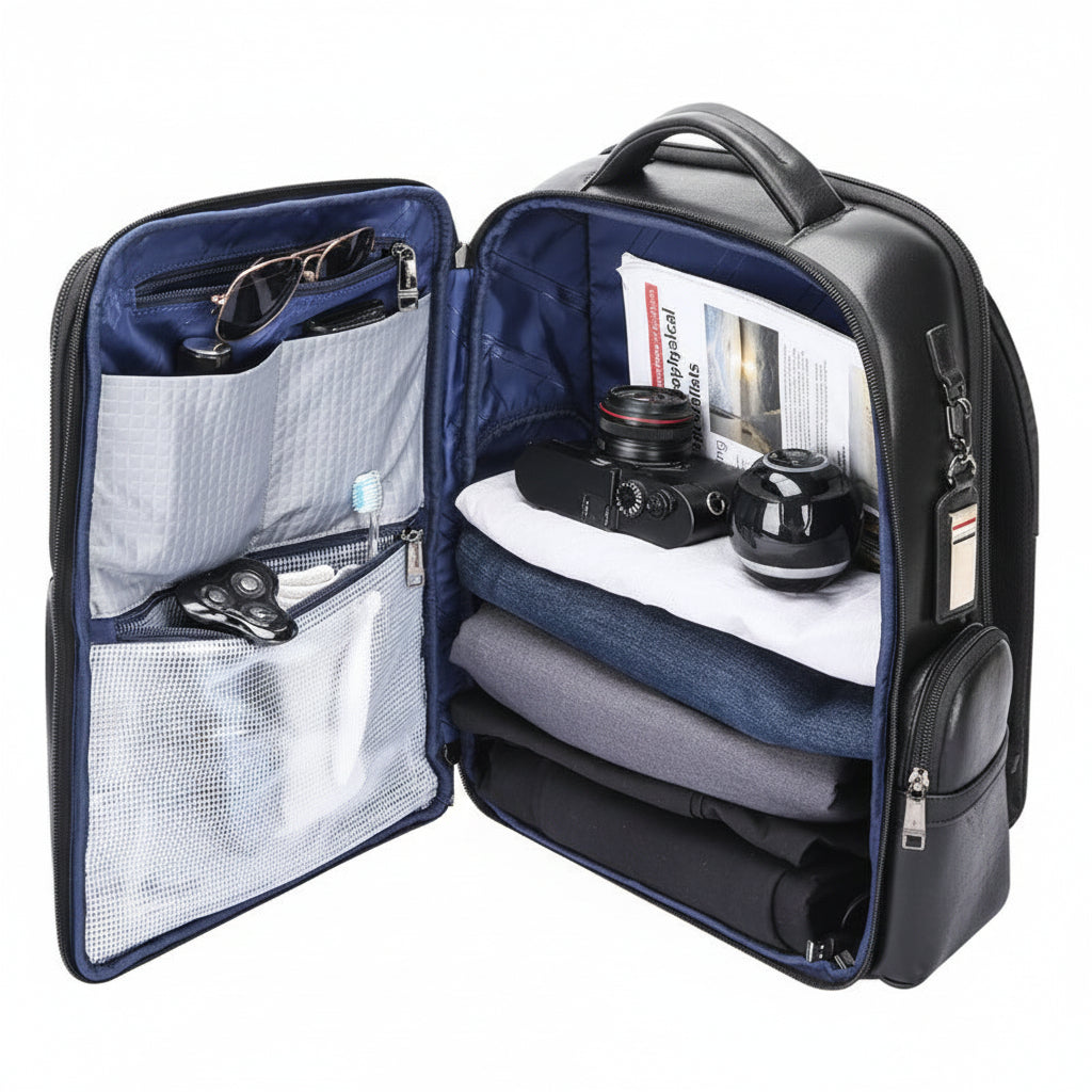 Q-DOMINIUM Genuine Leather Backpack – USB Charging, TSA Lay-Flat & Thickened Ergonomic Straps