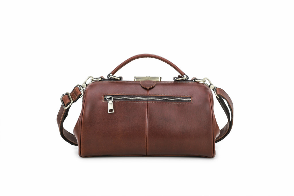 Q-DURARE Vintage Full-Grain Leather Frame Bag for Women – Anti-Theft Lock, Crossbody & Shoulder Bag
