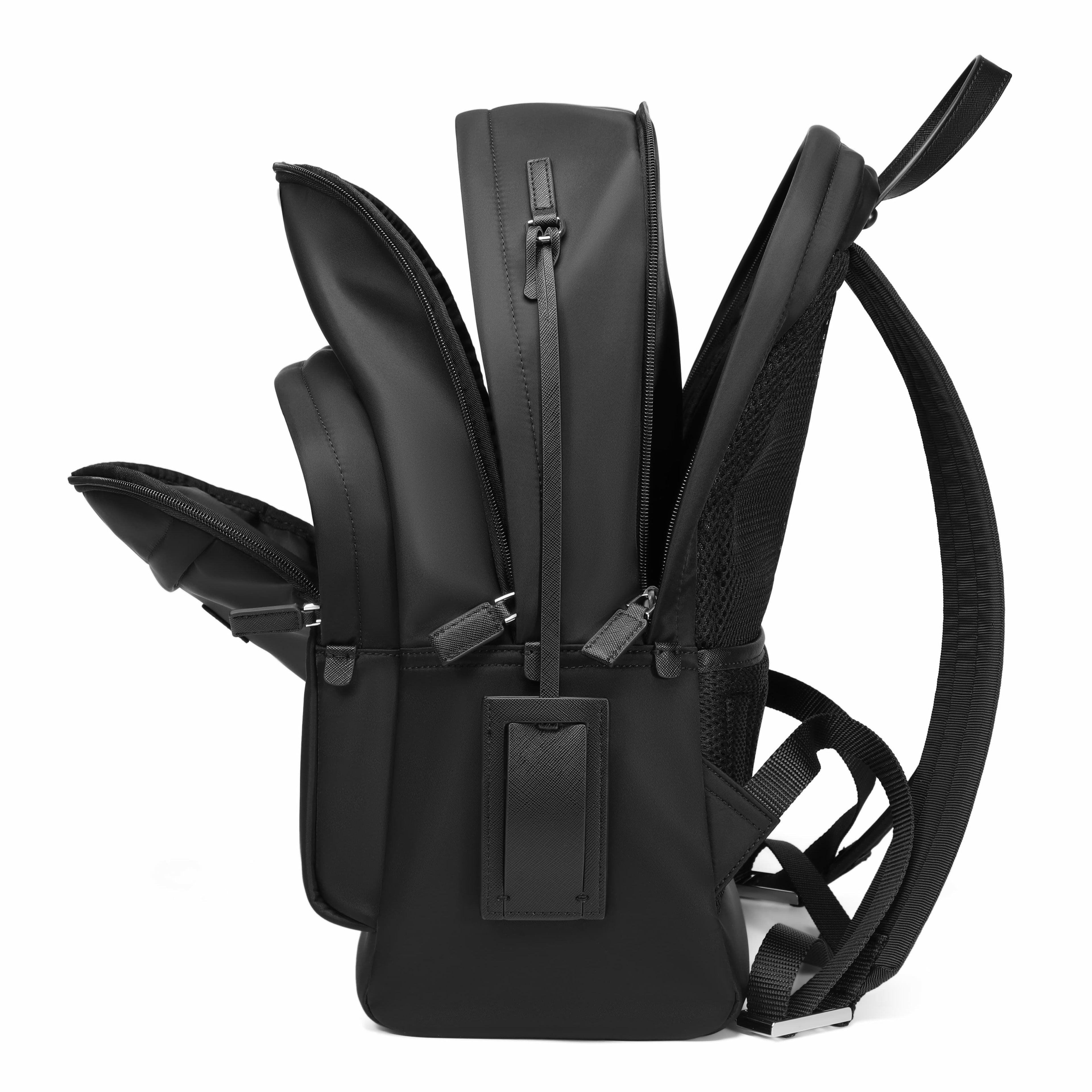 A black multi-compartment backpack shown from the side against a solid white background, highlighting its multiple zippered pockets and padded shoulder straps.