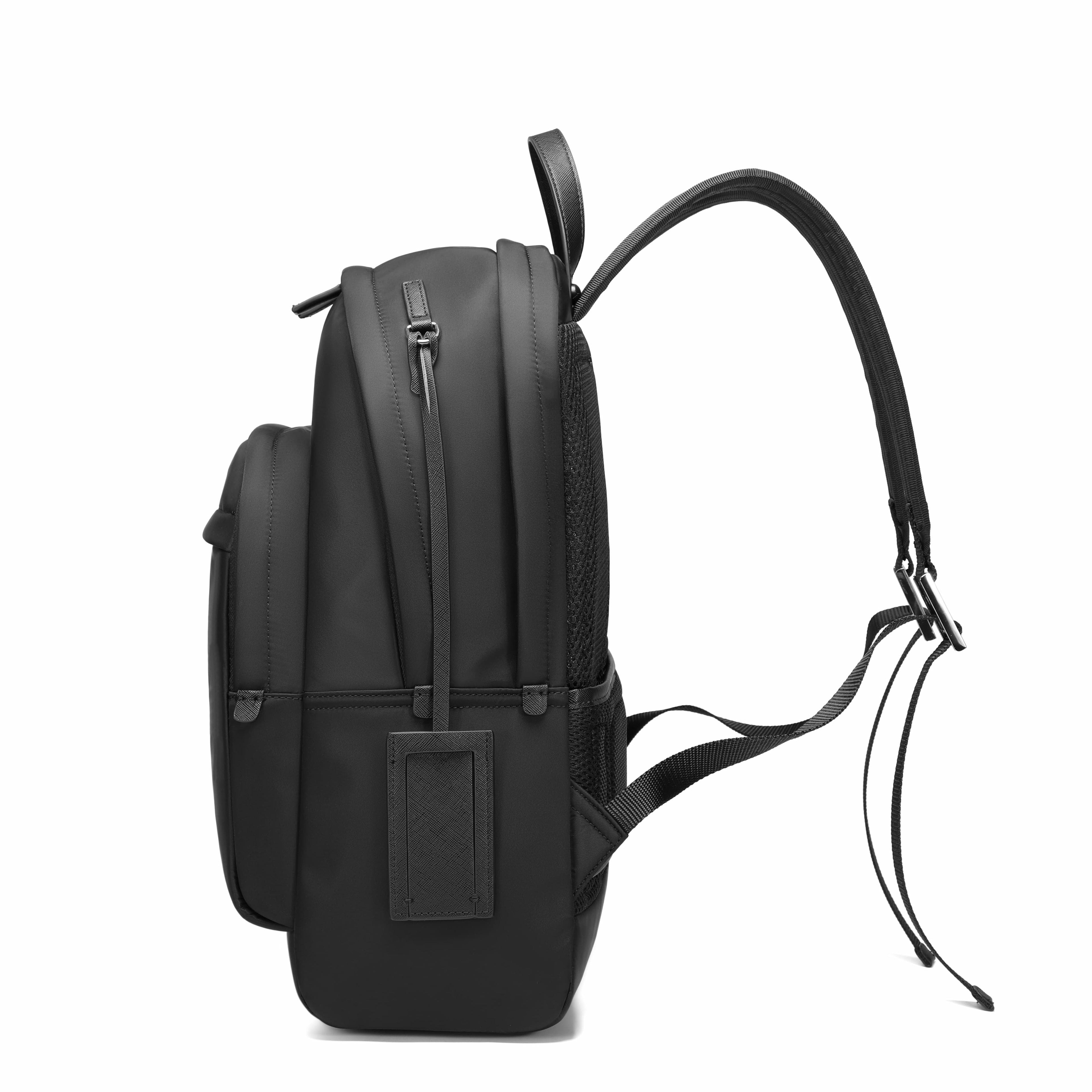 A black backpack shown from the side profile against a solid white background, featuring a main zippered compartment, a front slip pocket with a rectangular patch, and an adjustable shoulder strap.