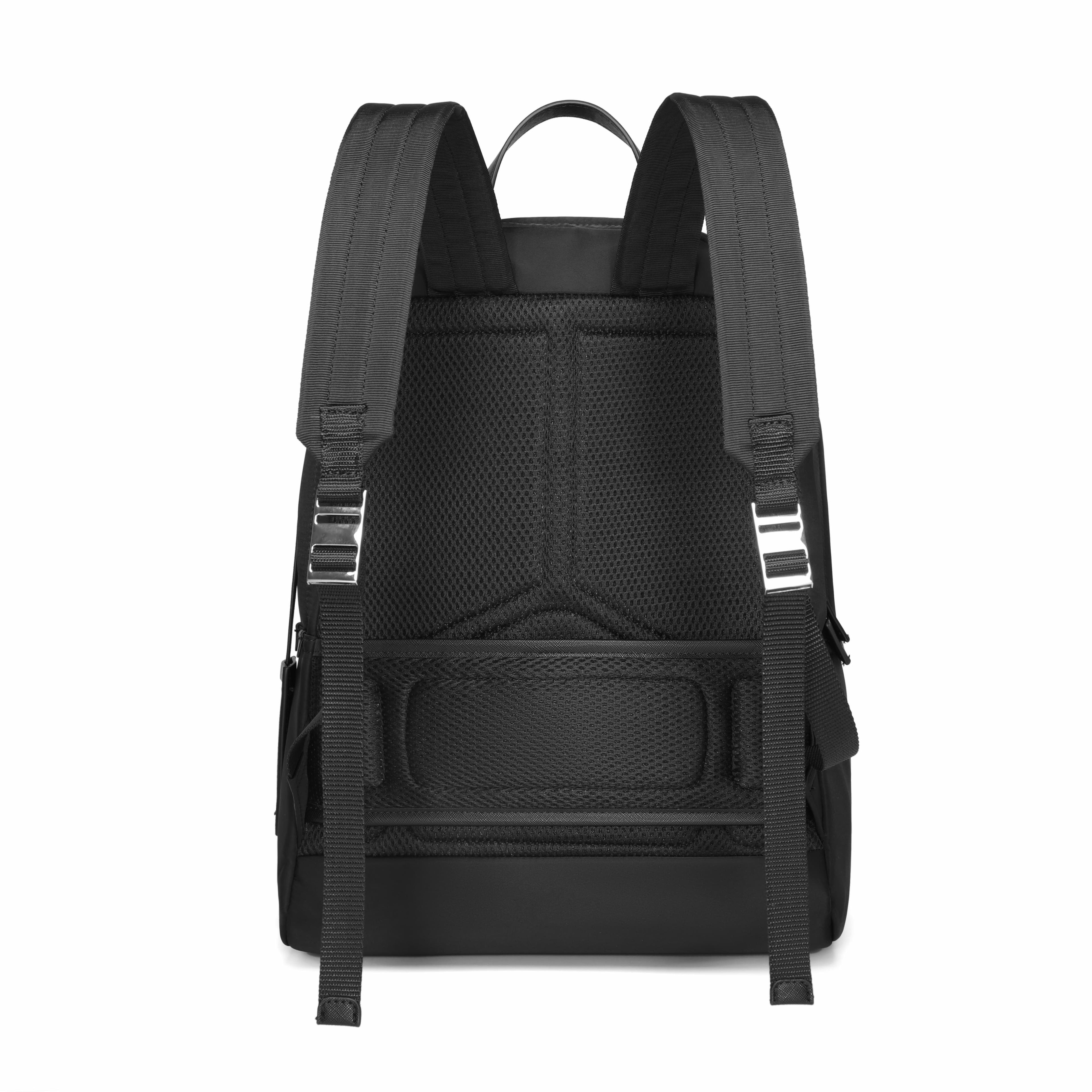 The back view of a black backpack, showing padded shoulder straps, a breathable mesh back panel, and adjustable buckles, isolated on a white background.