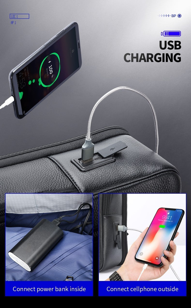 Q-ELITE Genuine Leather Backpack – Anti-Theft, USB Charging & TSA-Friendly