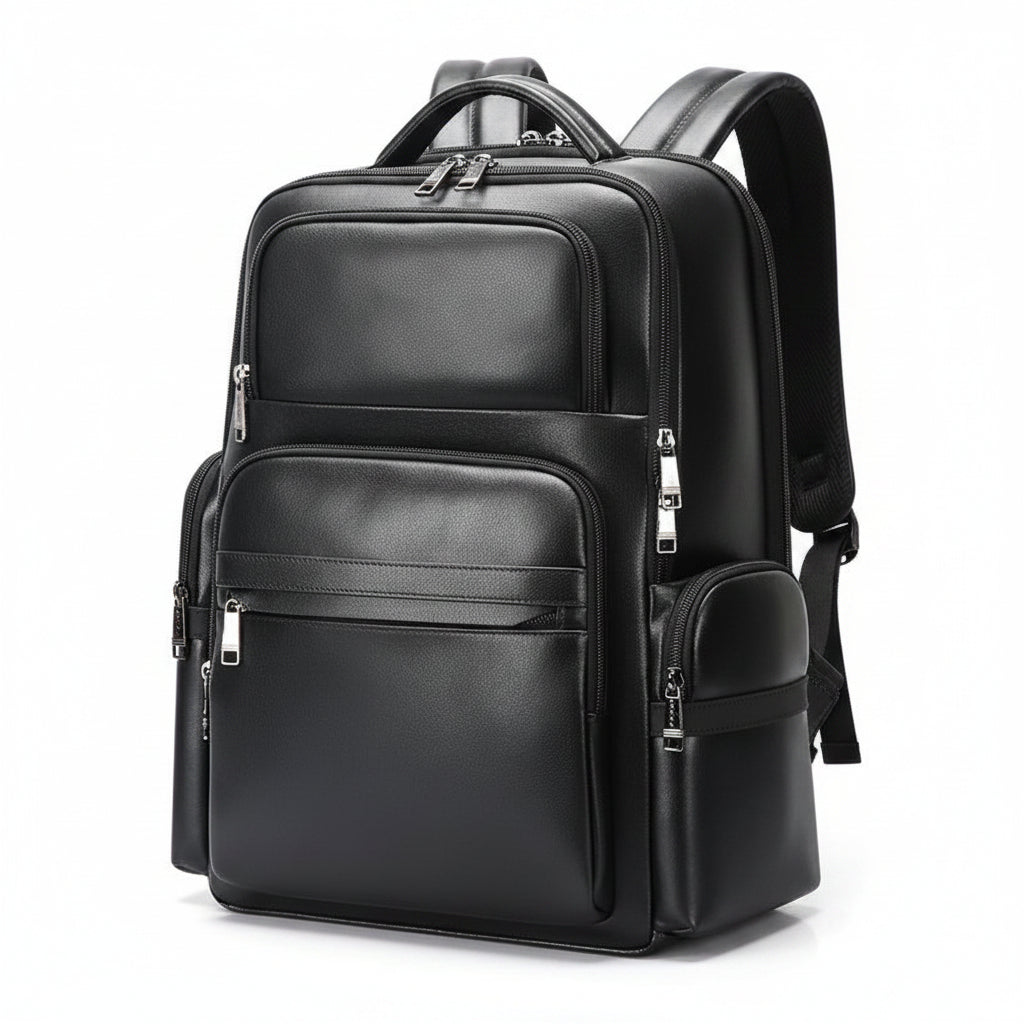 Q-ENORMOUS Genuine Leather Backpack – 40L Anti-Theft Travel & Laptop Bag with USB Charging Port