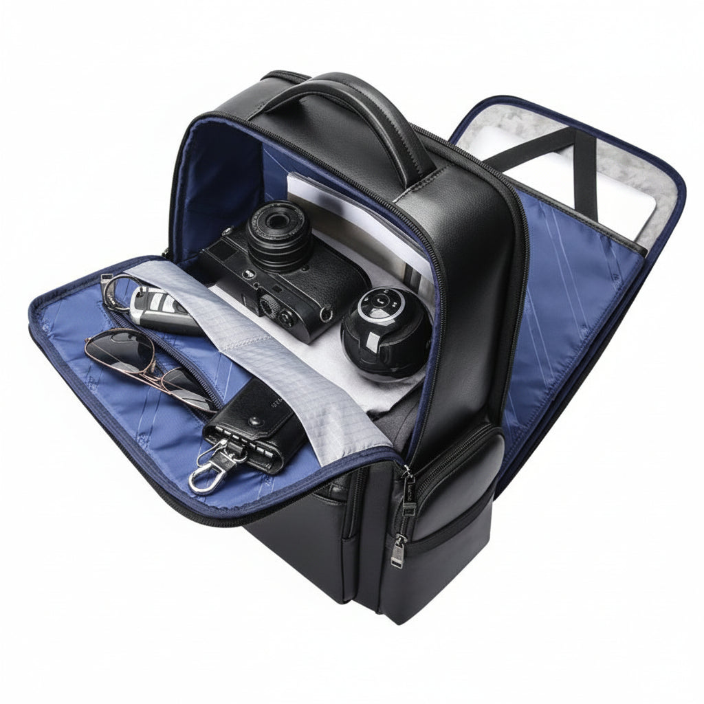 Q-ENORMOUS Genuine Leather Backpack – 40L Anti-Theft Travel & Laptop Bag with USB Charging Port