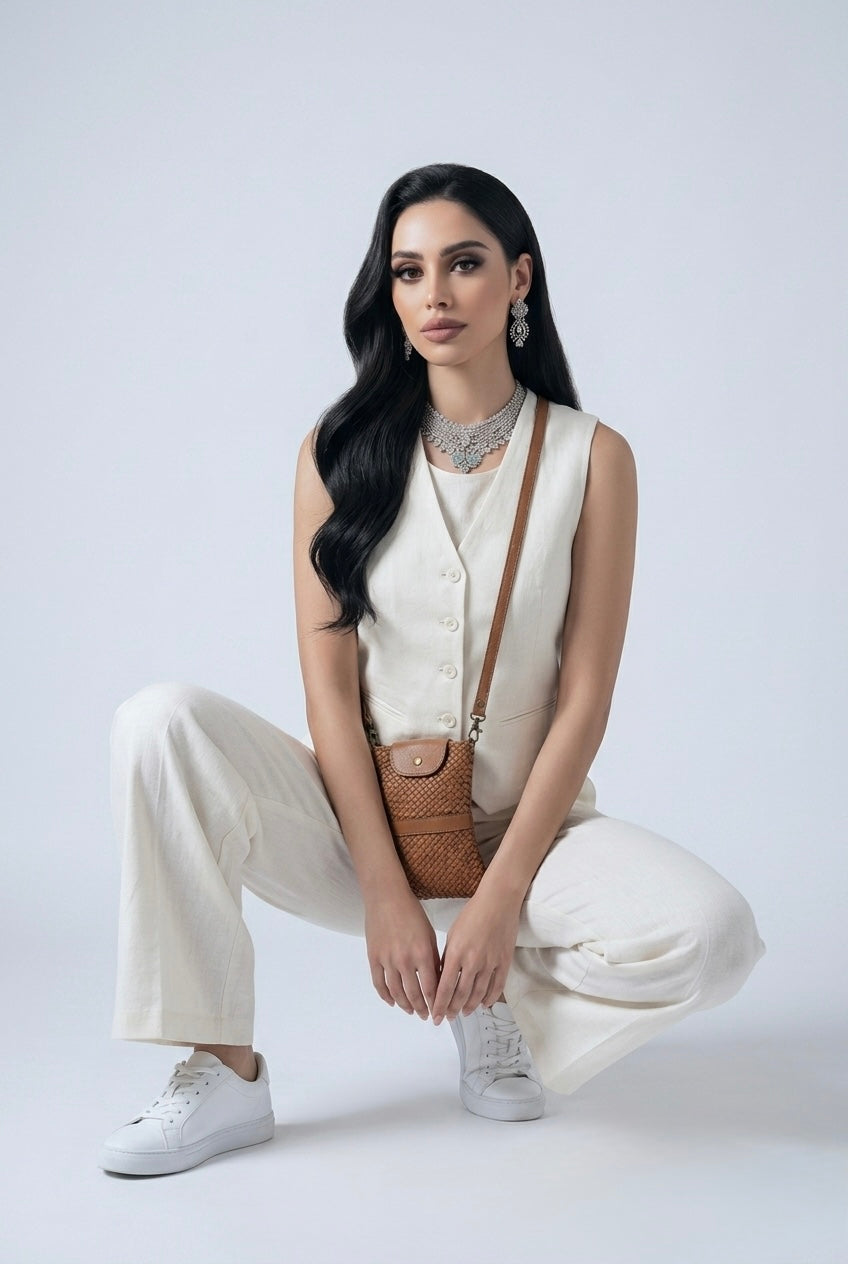 Q-FINE Vintage Woven Calfskin Cell Phone Holder – Italian Handcrafted Crossbody