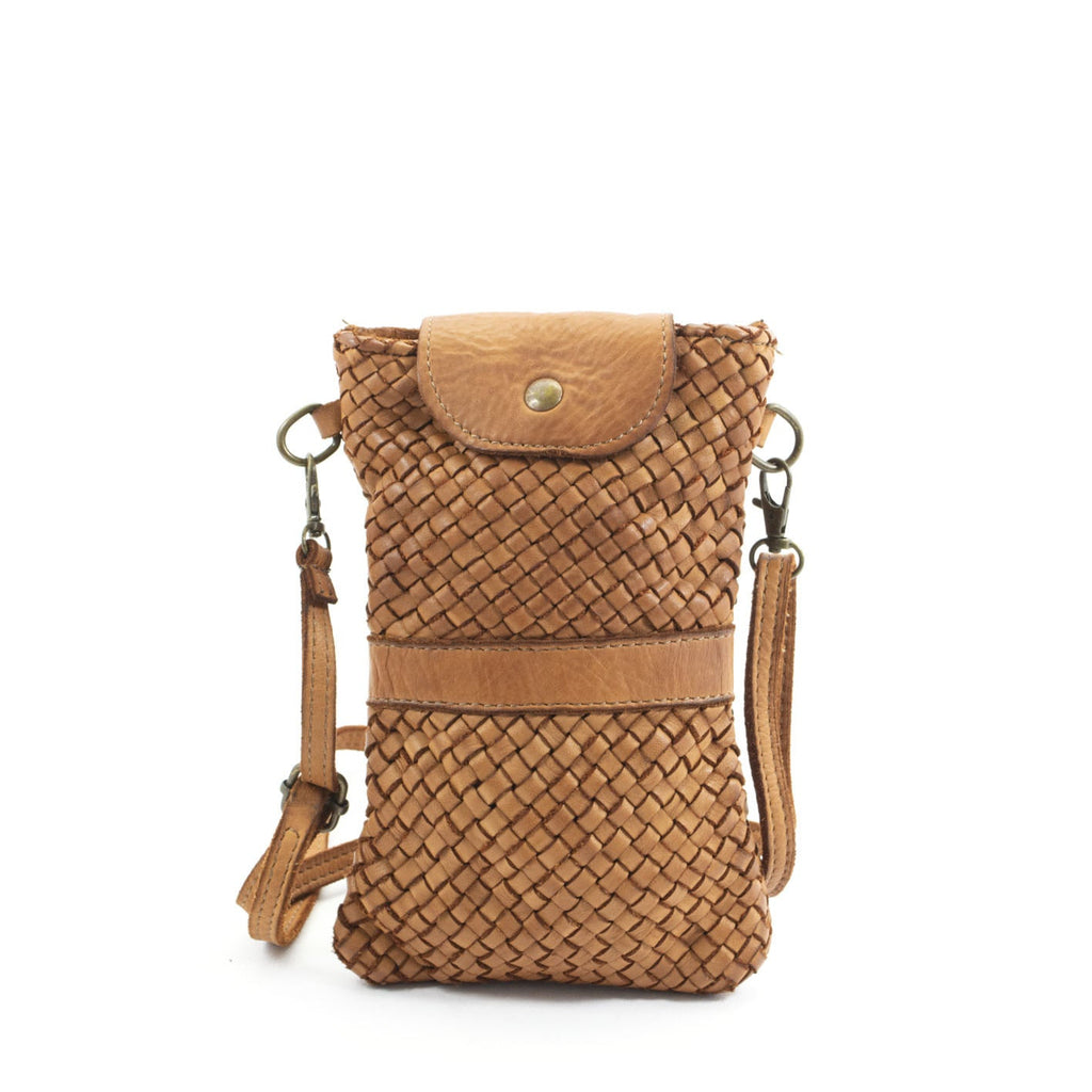 A small woven leather crossbody phone bag in tan, featuring a snap-button flap, a horizontal leather band, and a matching shoulder strap, shown on a plain white background.